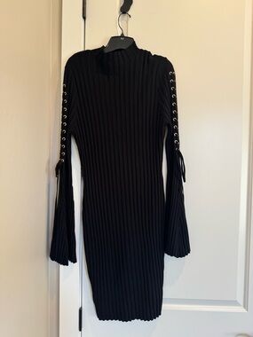 Fashion Nova Black Ribbed Long-Sleeve Lace-Up Midi Dress